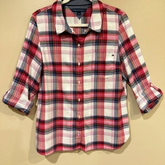 Tommy Hilfiger Women's Plaid Button-Front Shirt Long‎ Sleeve Red Blue Size Large - Picture 3 of 7